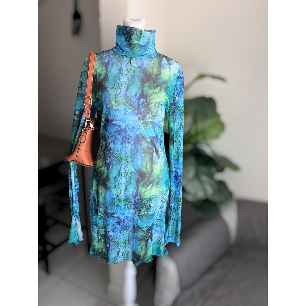 SHEIN Floral Print Mesh Turtleneck Mini Dress Size L